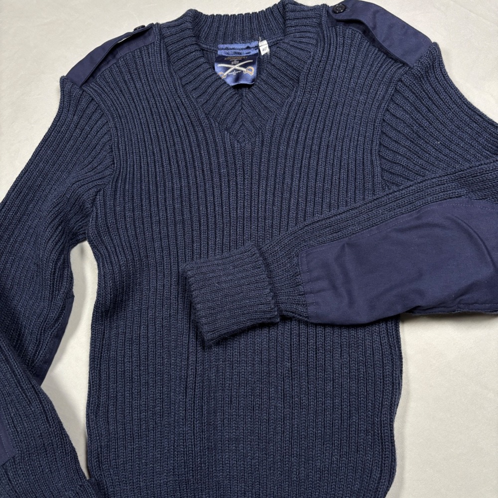 Military Equipment Sweater Mens 40 Blue Wool USAF Commando V-Neck Ribbed Knit